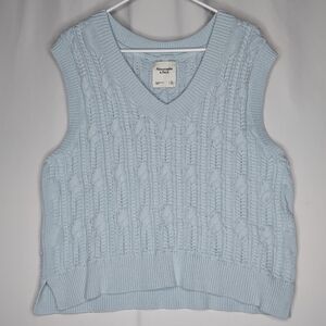 Abercrombie Fitch Crop Cableknit Sweater Vest Women XL Blue Vneck Y2K Academia